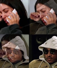three pictures of a woman and a man talking on the phone